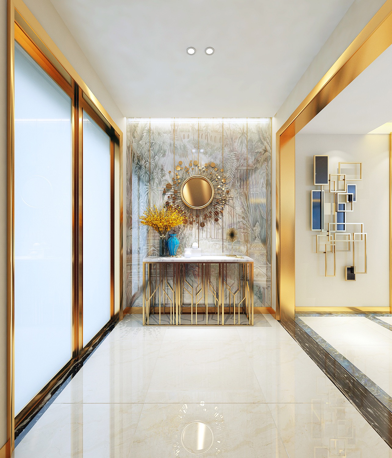 這個是在入戶門的玄關(guān)展示 對面陽臺的落地玻璃窗,整體線條是金屬_裝修美圖-新浪家居